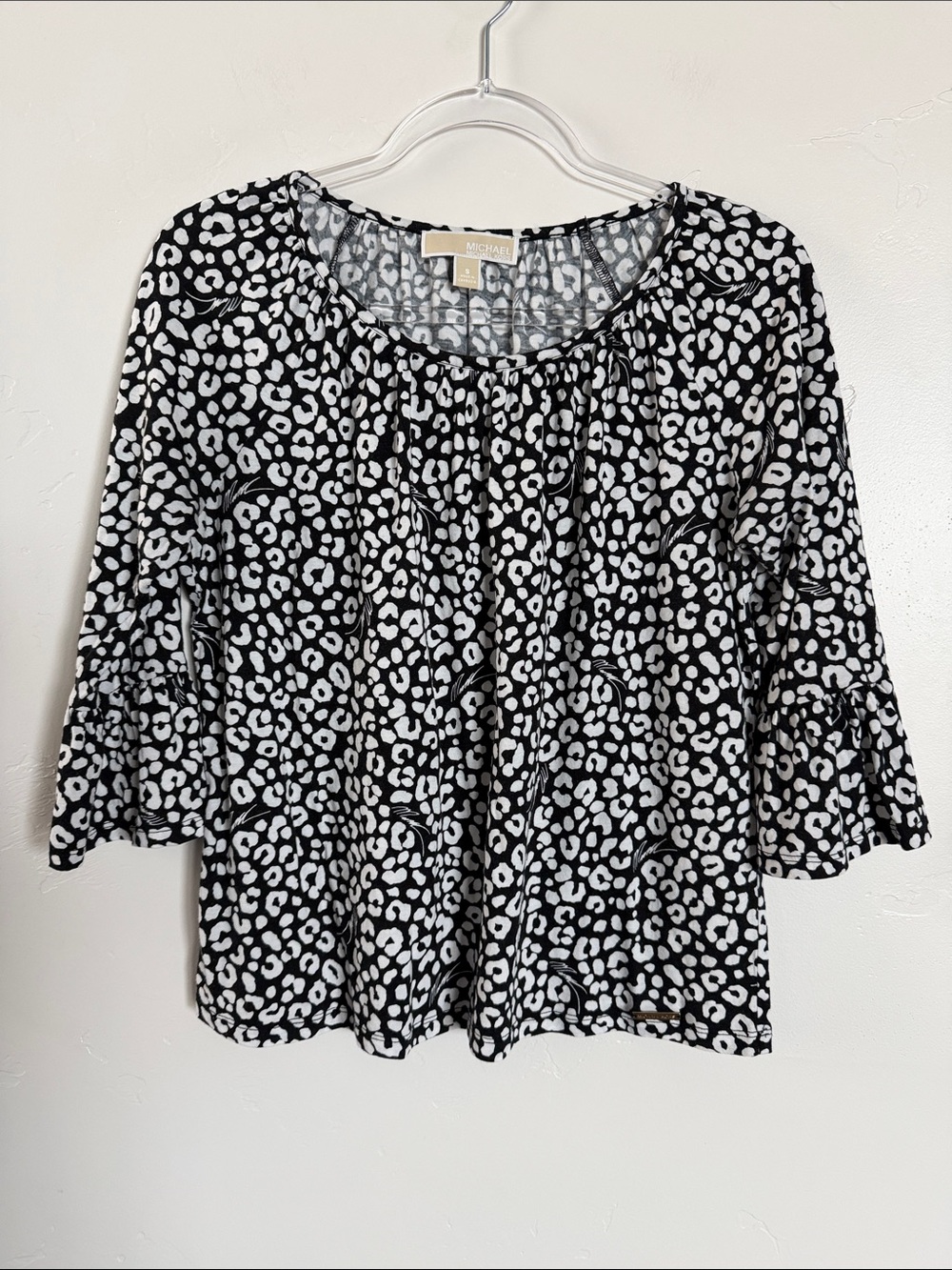 Michael Kors Black and White Leopard Print Bell Sleeve Blouse